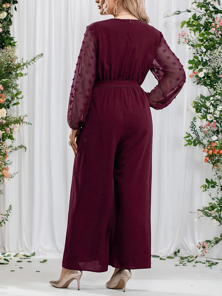 GIBSIE Plus Size Swiss Dot Mesh Sleeve Belted Jumpsuit Women Spring Summer V-Neck Loose High-waisted Elegant Wide Leg Jumpsuits image 2