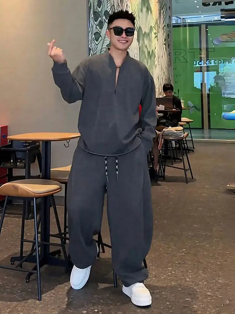 

Autumn New Lazy Sle Simple Casual Sports Set Men's High Loose Stand Collar Sweatirt Straight Leg Pants Two Piece Set