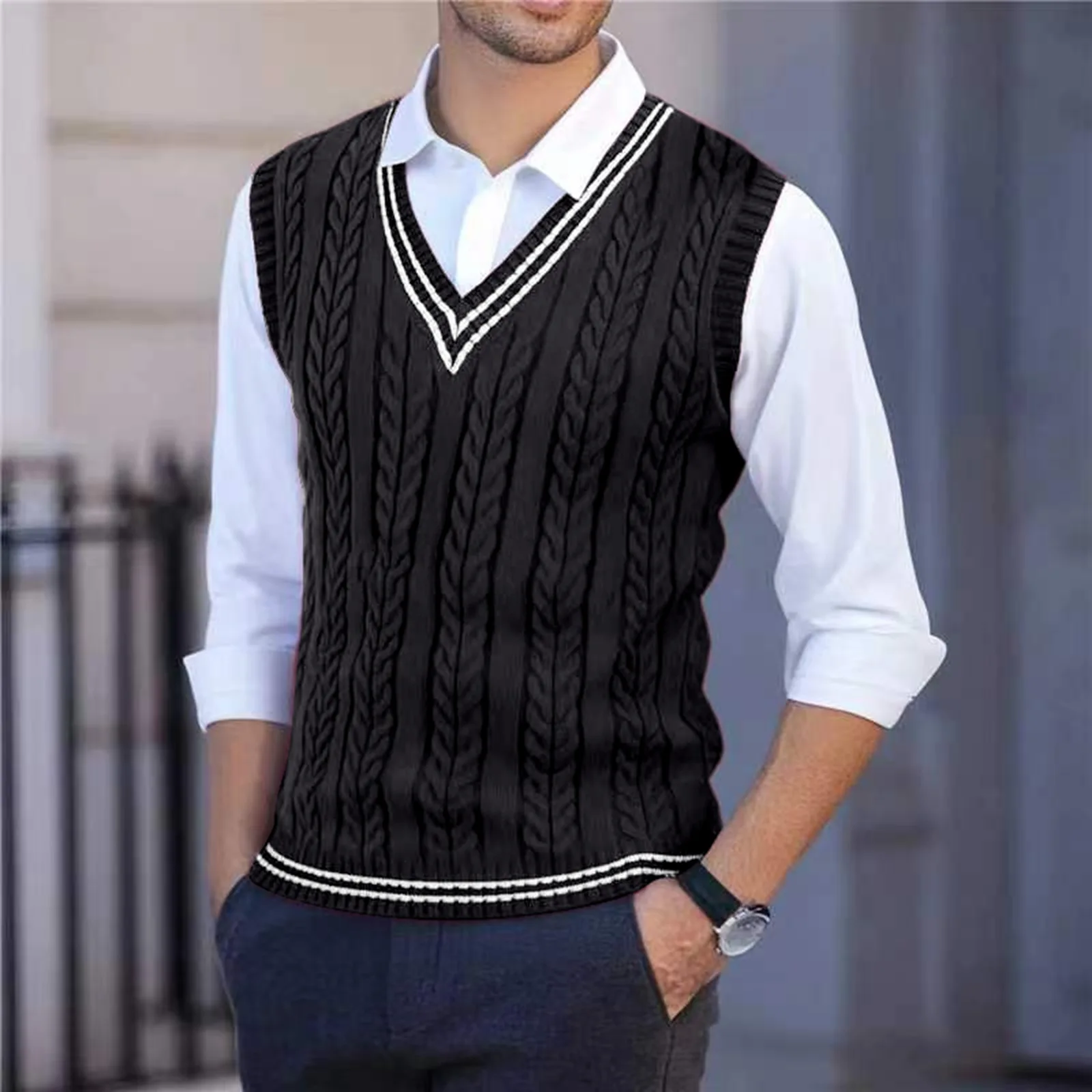2026 Men's Knitted V-Neck Sweater Vest Color Blocking Stripe Sleeveless Knitwear Pullover Sweaters Men Business Casual Waistcoat view 2