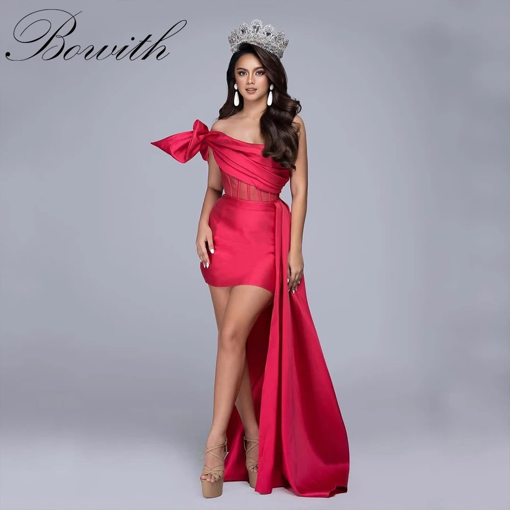 

Красные платья Bowith для дня рождения с открытыми плечами Вечерние платья мини-длины со шлейфом Атласные платья для выпускного вечера для особых случаев