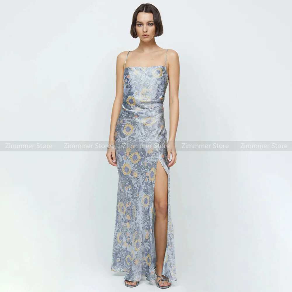 

High quality! 24 summer new blue jacquard satin fabric waisted side seam slit halter dress female