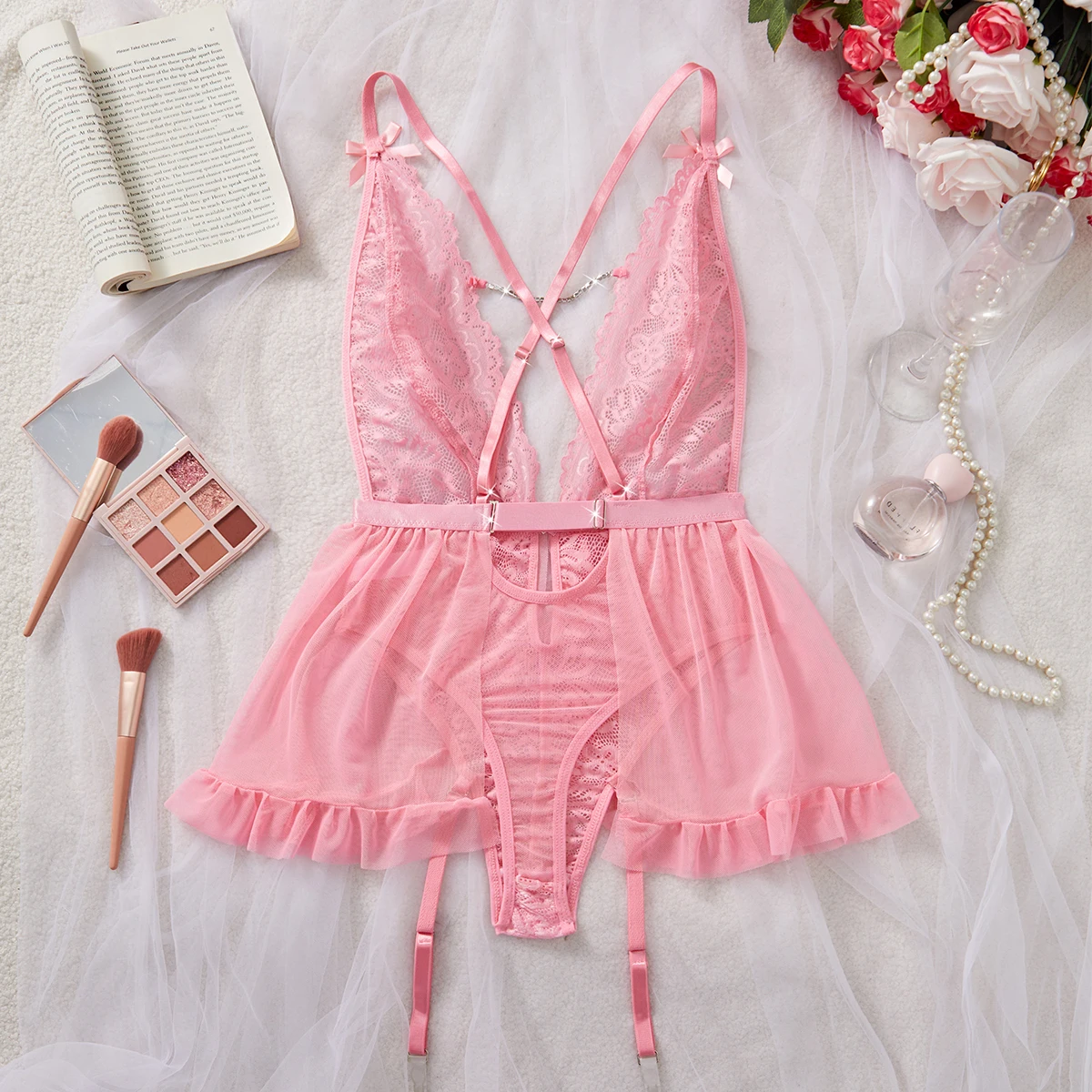 Summer Exquisite Exotic Style Bow Lace Solid Color Pink Women's Sexy Perspective Backless Sleeveless Pajamas Soft Slim Underwear