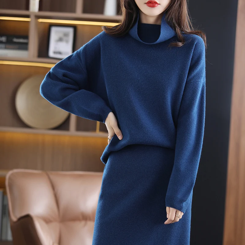 Fashion Suit Autumn Winter 100% Pure Wool Knitted High Quality Sweater Women Tops And Harem Skirt Two-Piece Female Girl Clothes