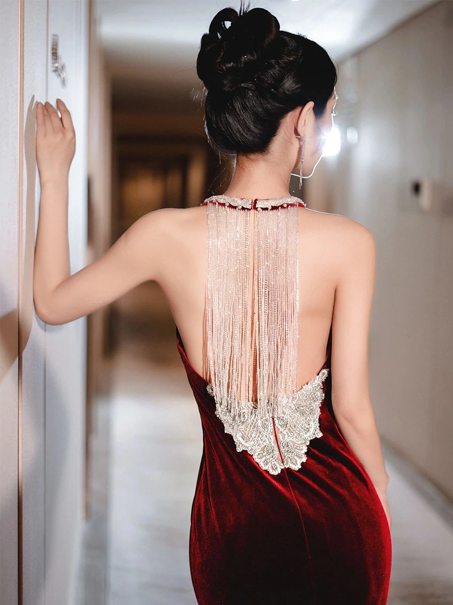 

Red Fi Tail Bridal Gown Bal Engagement Dr Velvet Fabric mid Waist Long Evening Gown for Women in Their 8-25 Years