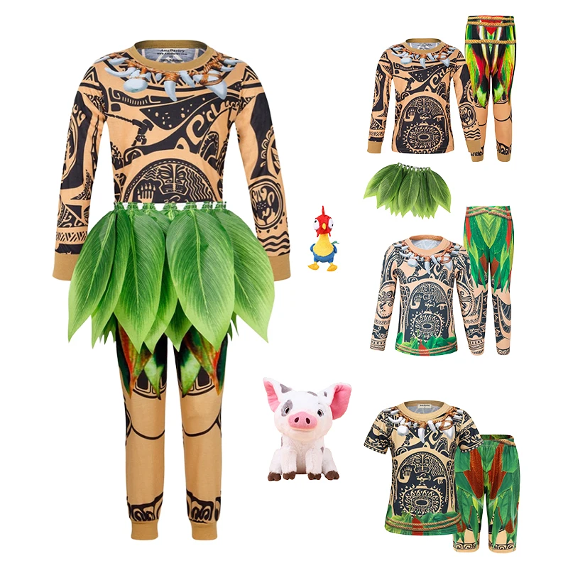 

Carnival Party Outfits For Boy Maui Moana Cosplay Long Sleeve Top Trousers Set Halloween Boys Costume 3D Totem Printing