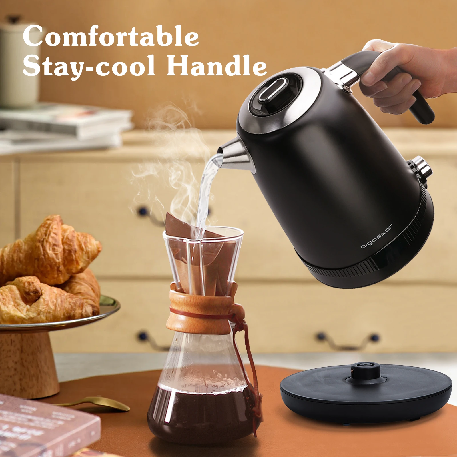 غلاية كهربائية ايجوستار 2200 وات 1.7 لتر من الفولاذ المقاوم للصدأ درجة حرارة قابلة للتعديل. أسود