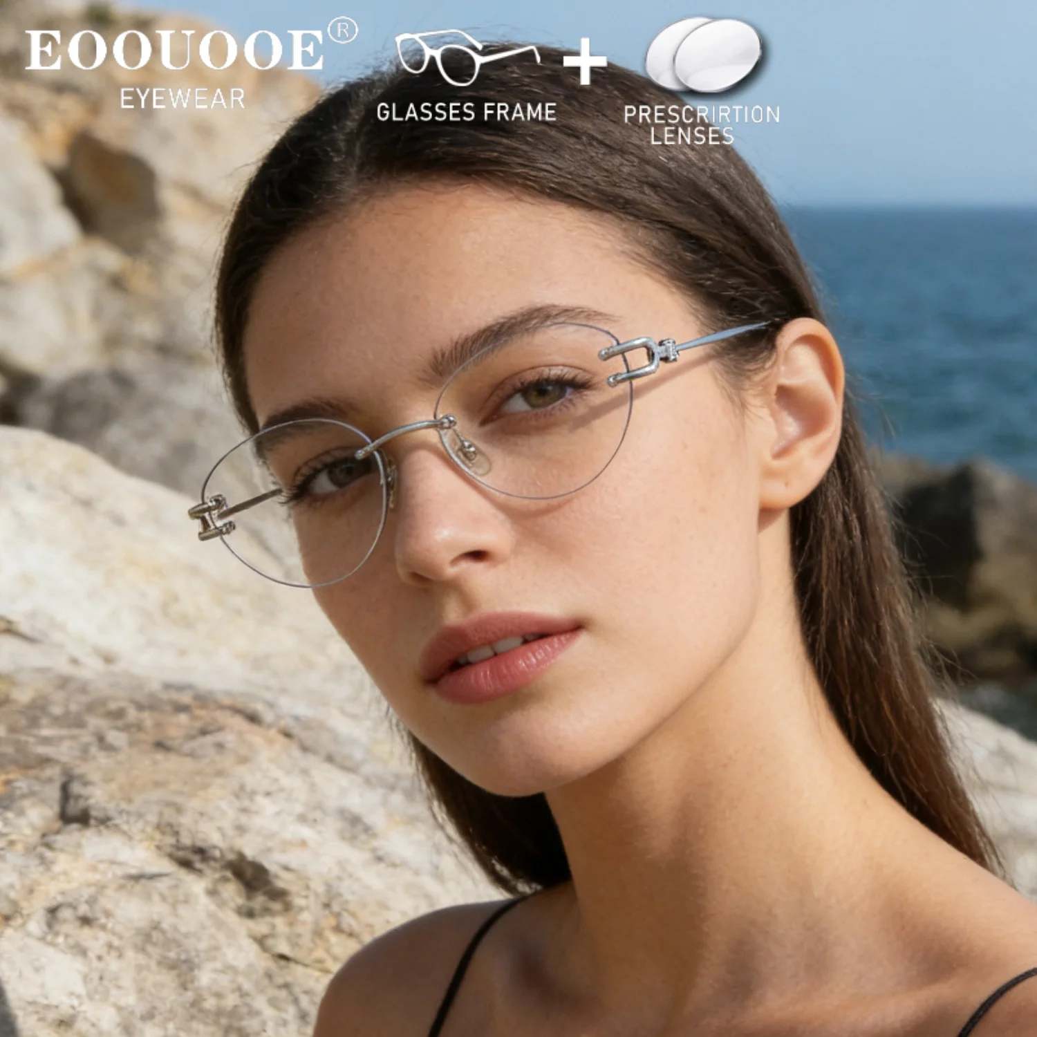 

New Double Screw Cat Eye Rimless Glasses With Prescription Recipe Mr-8 Lenses Myopia Progressive Eyewear Photochromic Sun Glases