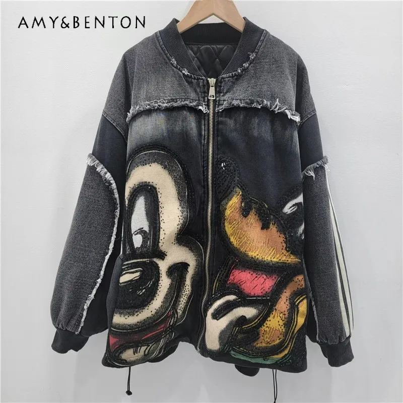 

Autumn New Loose Mid-Length Cartoon Jacket Heavy Industry Stand Collar Thickened Jaquetas Top Long-sleeves Zipper Coat Outwear