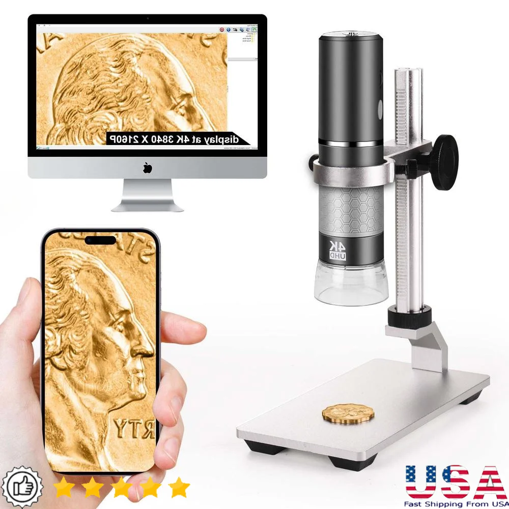 4K Digital USB Microscope Professional Stand iPhone Android PC Camera HD All Cellphones iPad LED Grey 1000X Zoom Wide Angle Long