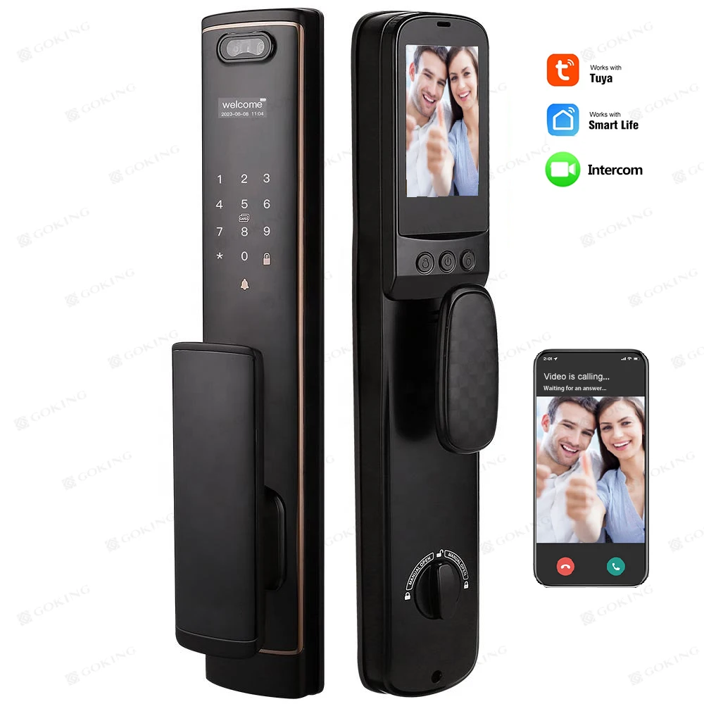 Goking Electronic Real Time Video Intercom Fingerprint Face Recognition Tuya APP Smart Locks With Digital Camera For Front Door