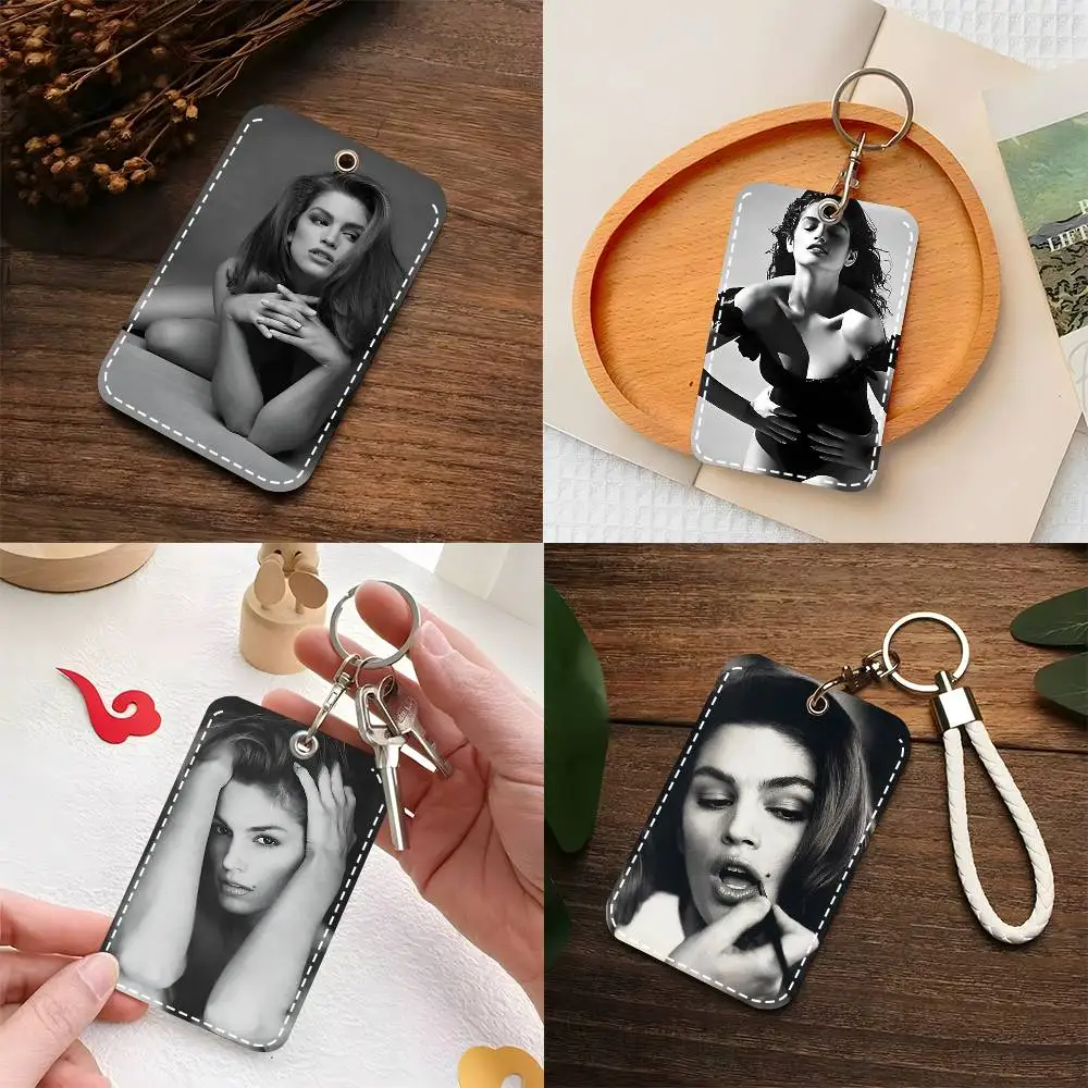 1pc C-Cindy C-Crawford Model Card Case Keychain Access Card Bag Key Tag Ring Leather Card Holder Key Ring Access