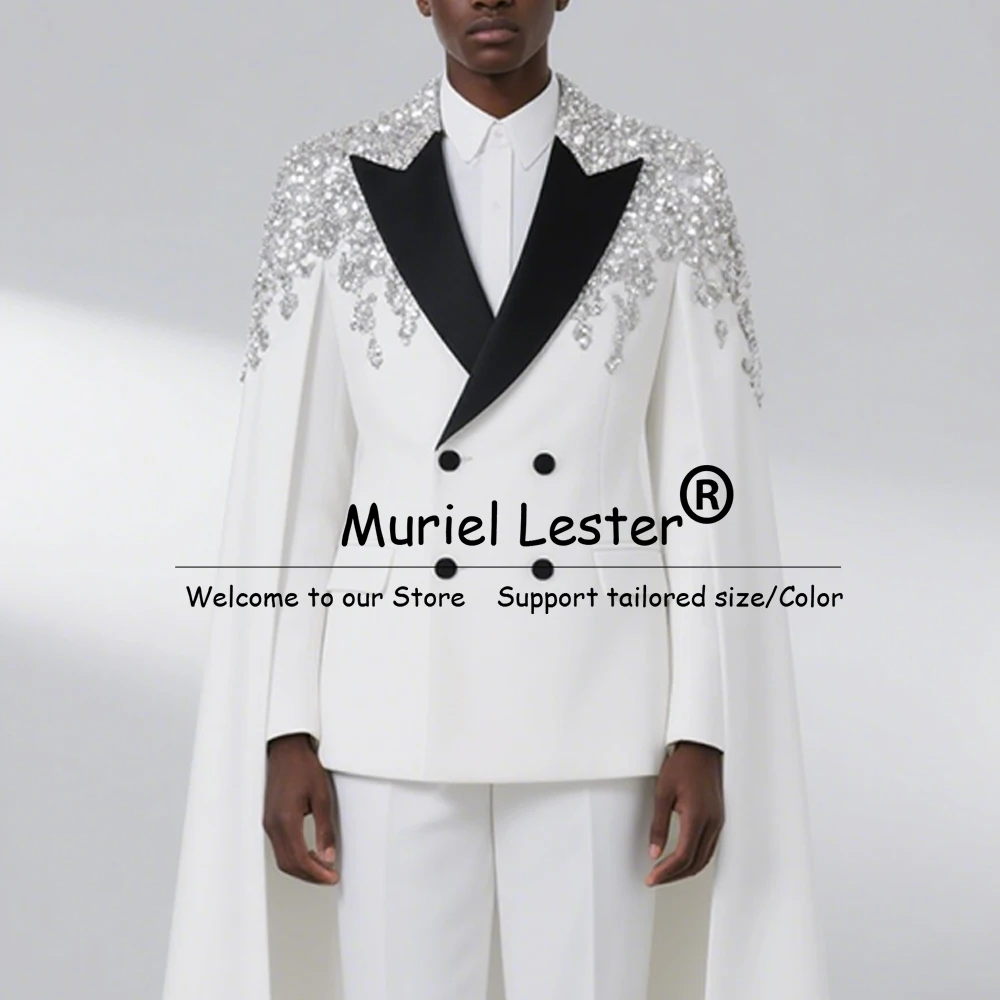 

Unique Design Crystals Beaded Suits Men 2 Pieces Sets Black Lapel Prom Blazer With Cape Customized Groom Wedding Tuxedo Suit Man