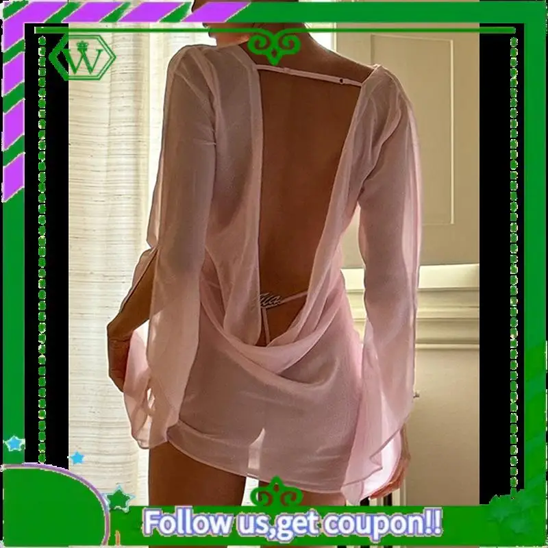 A18P- فستان نسائي قصير شفاف من خلال قطعتين بأكمام طويلة ورقبة على شكل V بقماش شفاف بدون ظهر غطاء ضيق