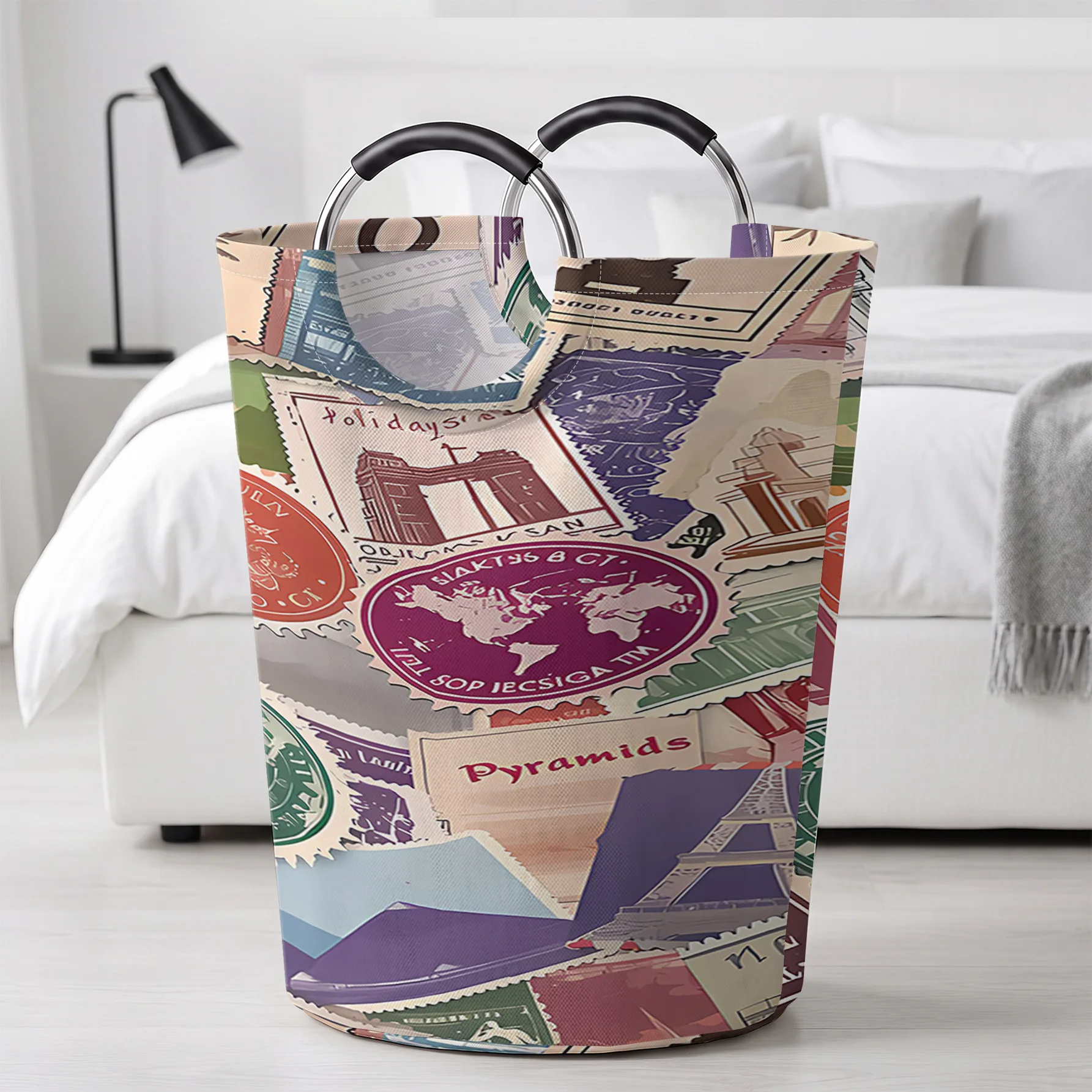 Vintage Stamp Collage Print Storage Basket, Large Capacity Handheld, for clothes, toys and sundries storage
