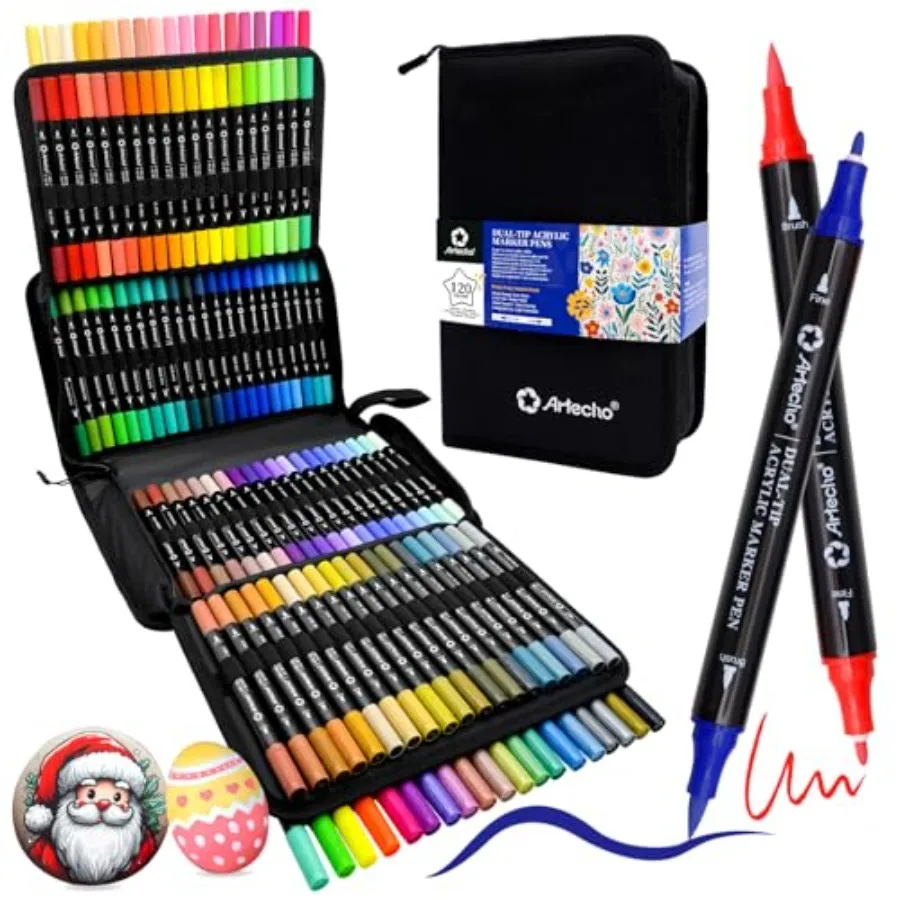 

Acrylic Paint Markers with Bag, Acrylic Paint Pens with Brush Tip and Fine Tip for Stone, Rock Painting, Paper, Pumpkin, Wood,