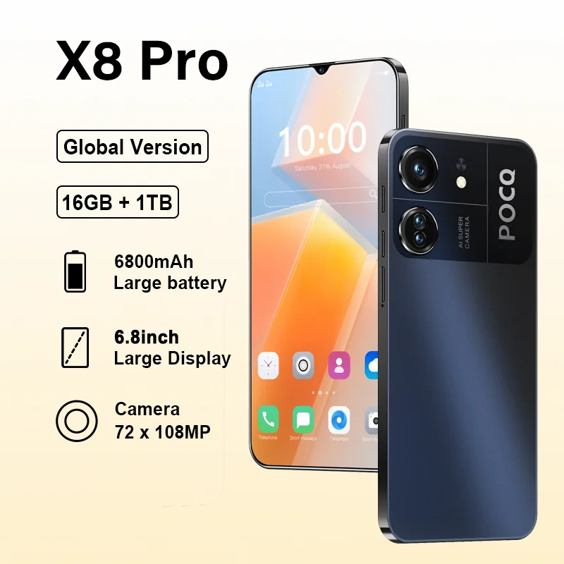 Nova Versão Global Original para Celulares X8 Pro, Alta Qualidade, Standby 5G, Tela HD de 6.8'', Bateria de 6800mAh, 2TB, Dual Card