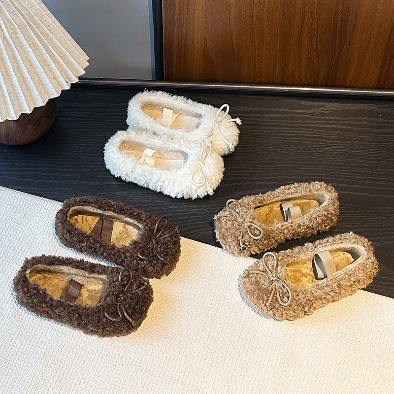 

Children Casual Shoes Princess Style Kids Moccasins with Simple Bows 2025 Winter New Girls Flat Shoes Suede Warm Slip-on Soft