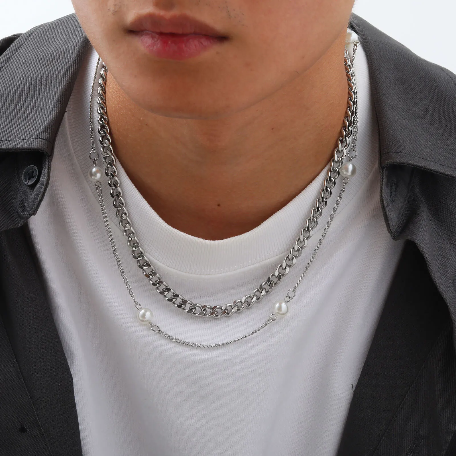 Vnox Personality Unisex Stainless Steel Cuban Chain Necklaces,Waterproof Immitation Pearl Double Layered Links Necklaces Collar