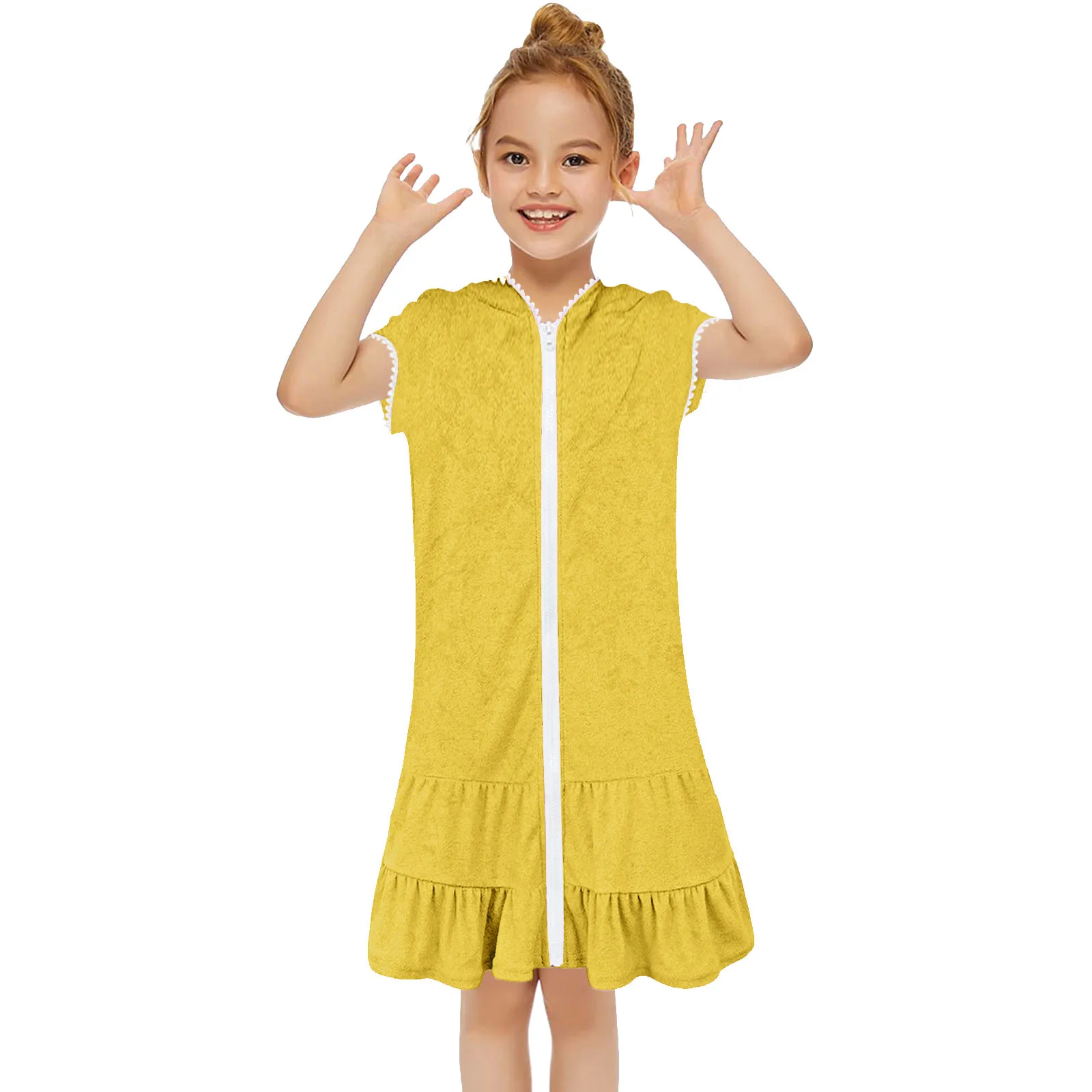 3-11T Little Girls Swim Cover Up Kids Swimsuit Coverup Zip Up Beach Bathing Suit Hooded Bathrobe Absorbent Kids Beach Sundress