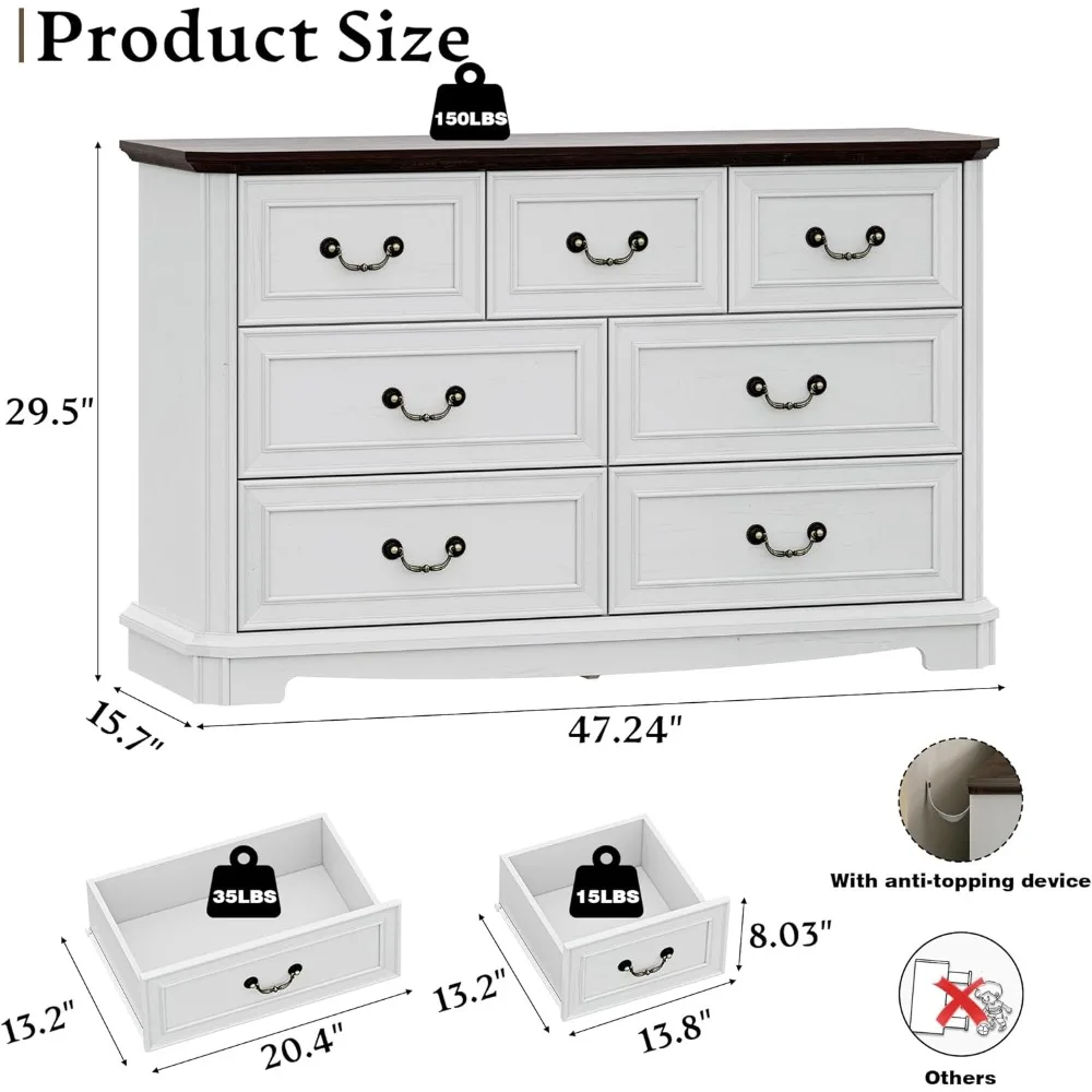Commode de ferme pour chambre à coucher avec 7 tiroirs, commode rustique de 48 larges avec poignée en métal, meuble TV de commode vintage en bois, W