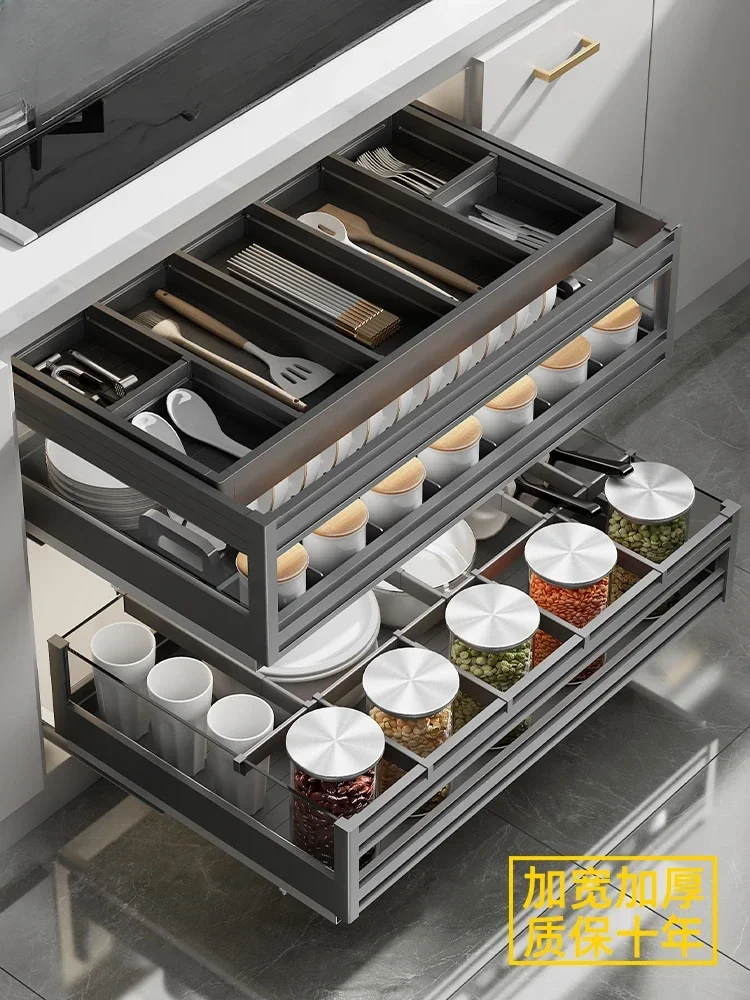 Three-tier drawer-type cupboard rack in kitchen cabinet space aluminium draws in and draws in the cupboard to store