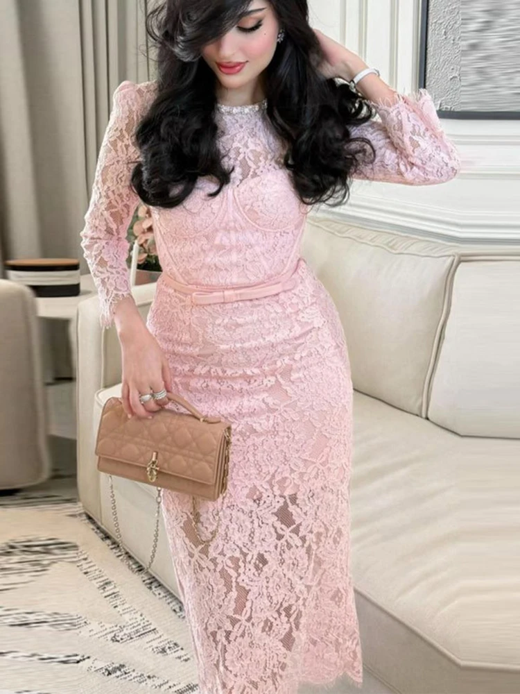 

Luxury Lace Diamonds Package Hip Dresses Spring Women High Waist Split Hollow Out Mid Dress Summer O Neck Long Sleeves Dress