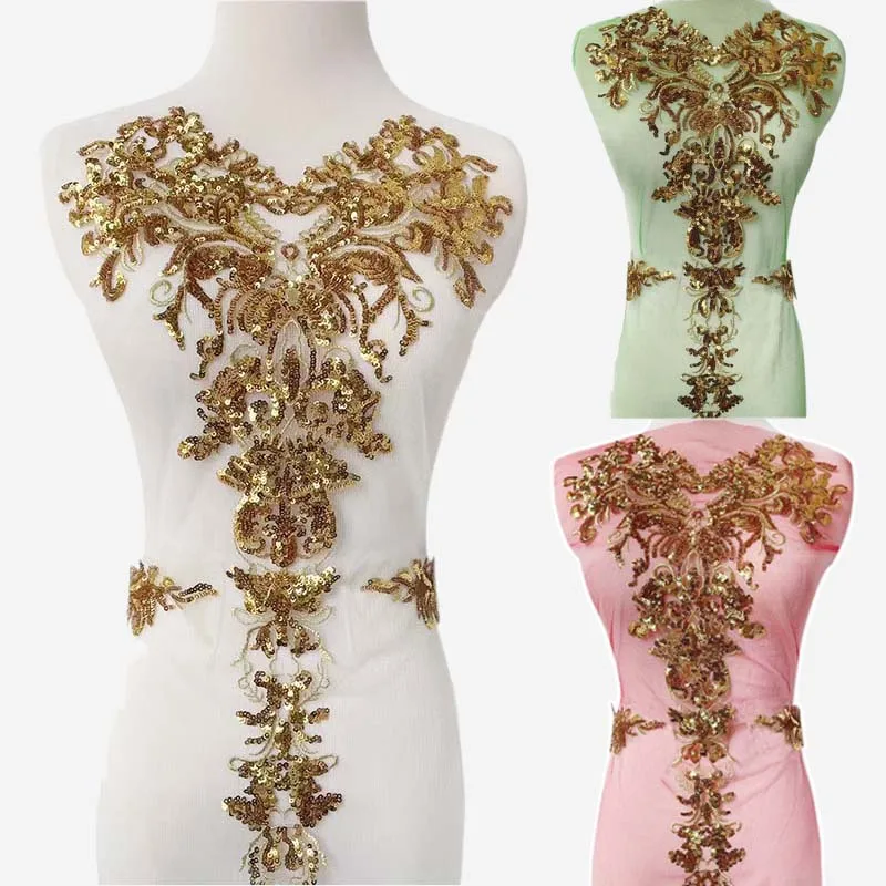 3-teiliges Set, Goldene Pailletten-Blumen-Stickerei-Spitzenapplikation zum Aufnähen, Exquisite Verzierung, Nähzubehör für Hochzeitskleider, Mieder – Detail 6