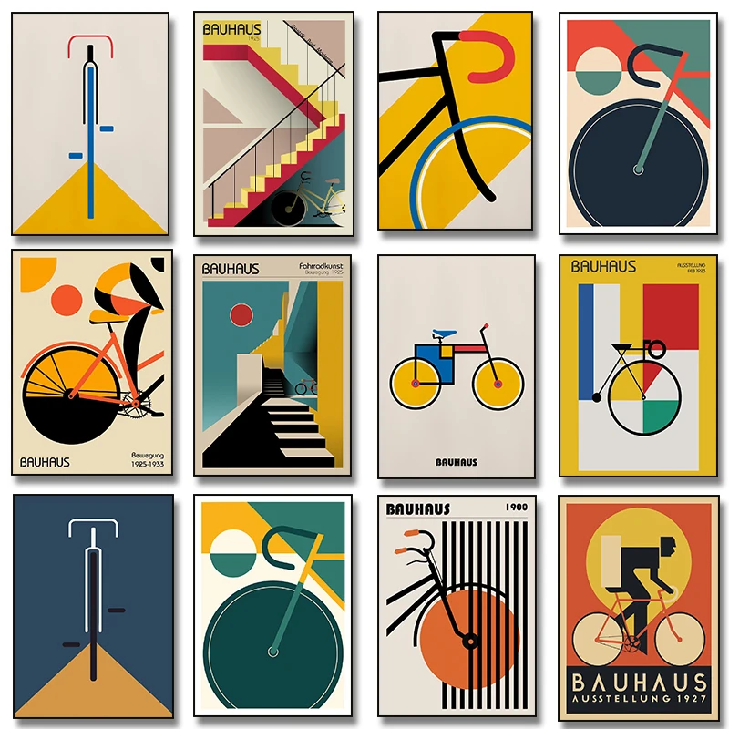 Bauhaus Fahrrad Mid-Century Modern Radfahrer-Poster Leinwandgemälde Minimalistische Retro-Wandbilder für Wohnzimmer Heimdekoration