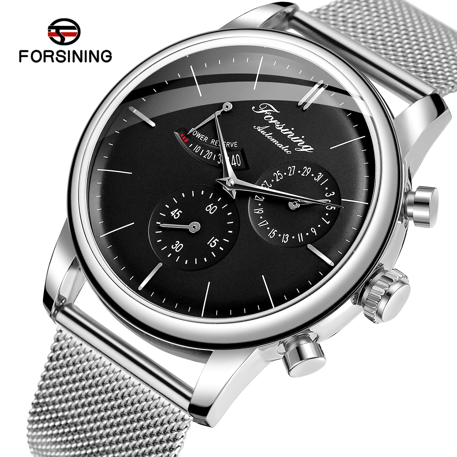 FORSINING Black Watch Circular Calendar Six pin Mechanical Watch Mesh Strap Wrist Watch Men's and women's Watches