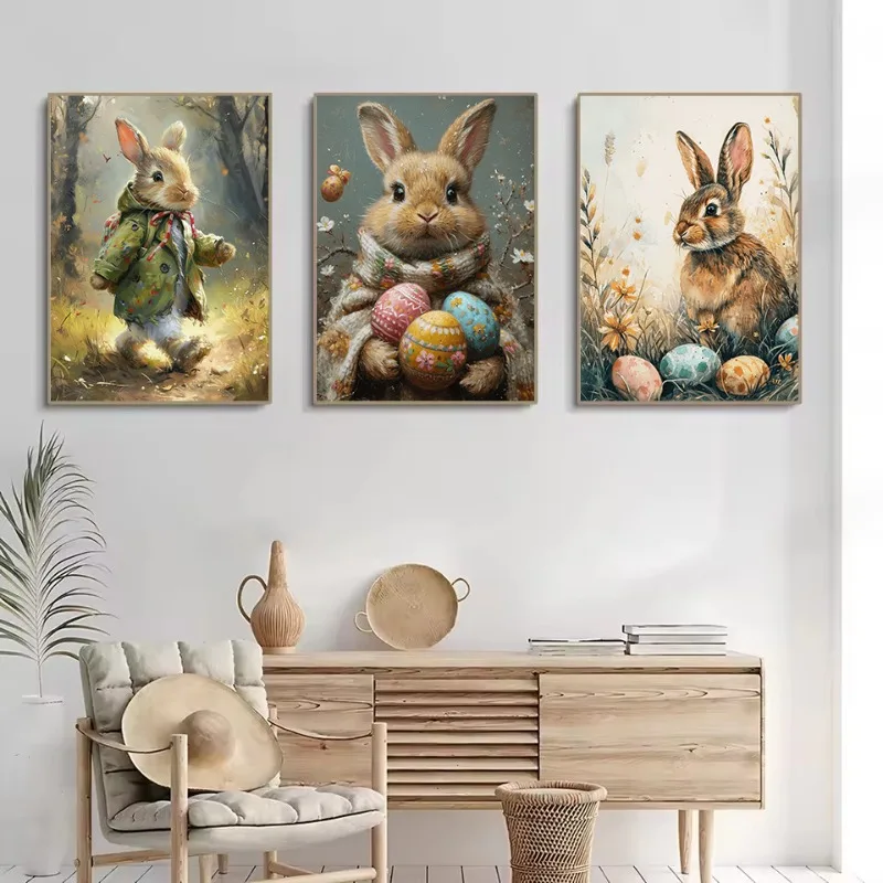 Watercolor Floral R-Rabbit Spring Easter B-Bunny Colorful Eggs Nordic Poster Canvas Painting Wall Pictures Home Nursery Decor