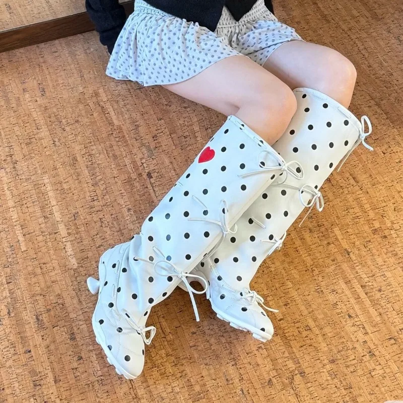 2026 New Polka Dot Casual Women's Knee High Boots Fashion Retro Printed Design Bow Decor Mid Heel Comfortable Women Shoes