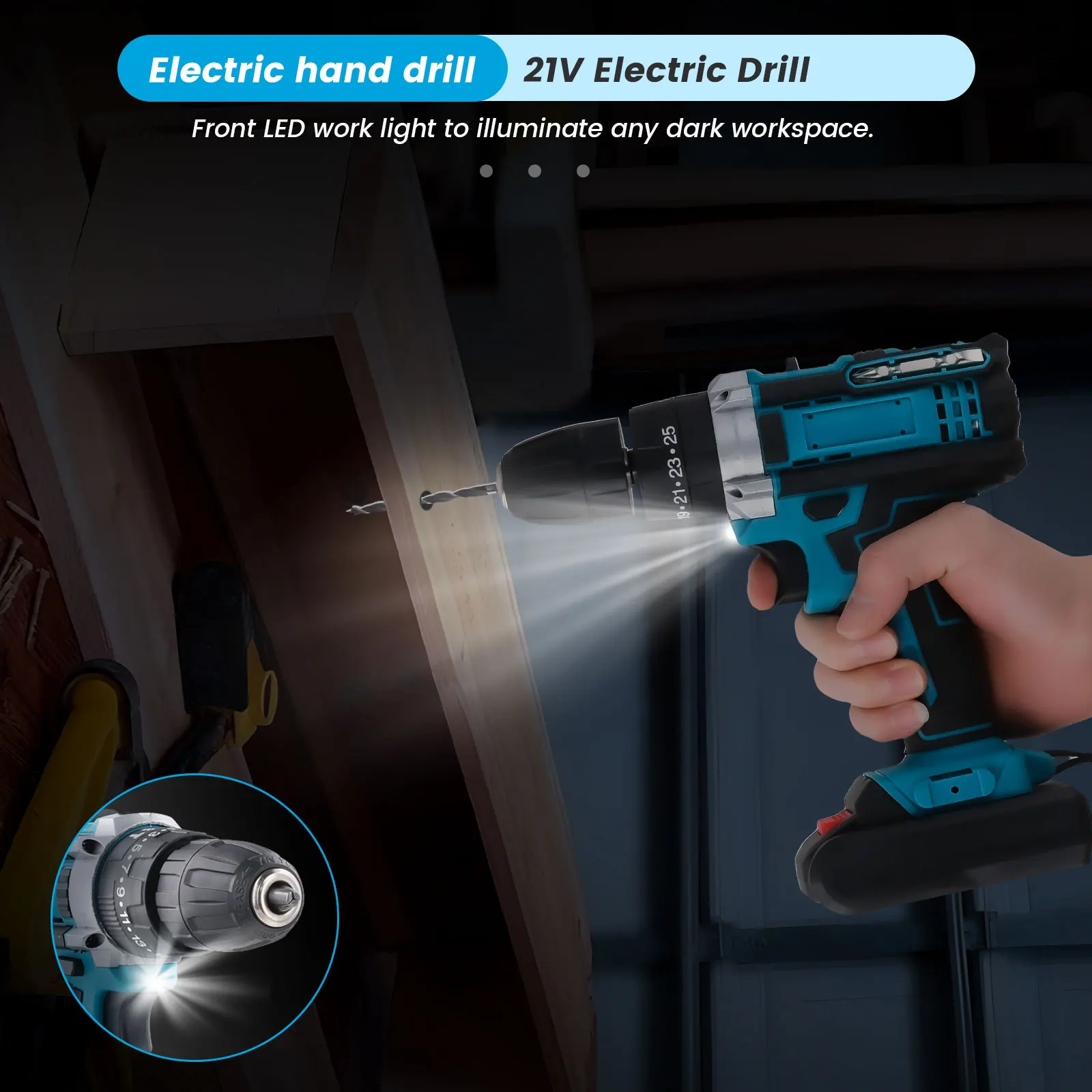 Podofo 21V Kabelloser Bohrschrauber Elektroschrauber-Set 25+3 Geschwindigkeitsstufen Schlagbohrer 3 Funktionen Bohrhammer Mit Akku – Detail 2