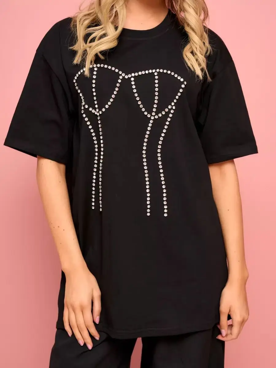 Cotton Heavy Love Hot Drill American Retro Short Sleeve Tshirt for Women O Neck Casual Loose Tees Tops Oversized Summer T-shirt