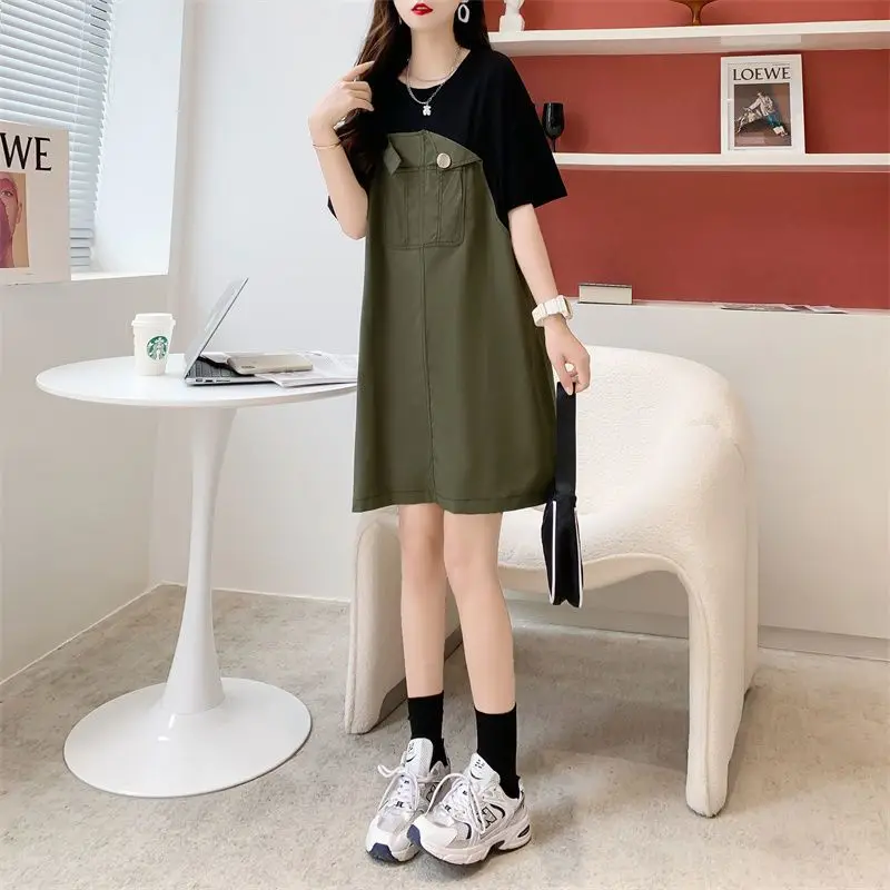 Street Casual Patchwork Short Sleeve T Shirt Dress Summer New Contrast Loose Youth Korean Tops Vintage Fashion Women Clothing