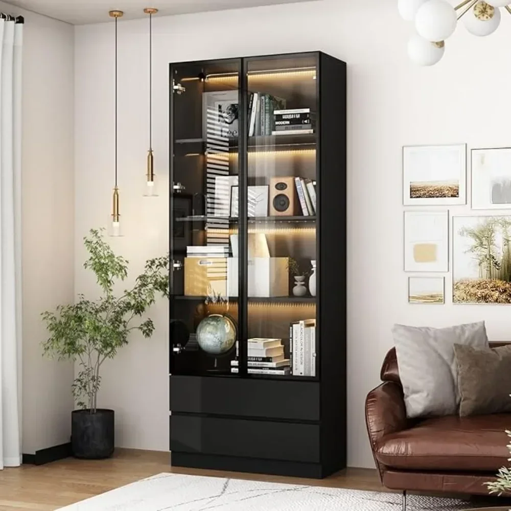 Glass Display Cabinet, Display Cabinet with Glass Door, Curio Cabinet with 3-Tier Shelves and 2 Drawers,Curio Cabinet