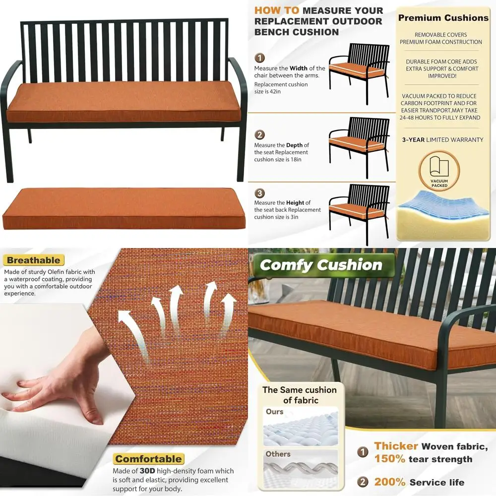 

Водонепроницаемая подушка для уличной скамейки из олефиновой ткани со съемным чехлом, устойчивая к выцветанию, для садовой мебели, 42x18/48x18/59x18