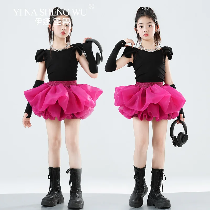 Meninas traje de dança jazz preto topos rosa saia curta conjunto crianças hip hop dança de rua t-stage modelo mostrar roupas de moda