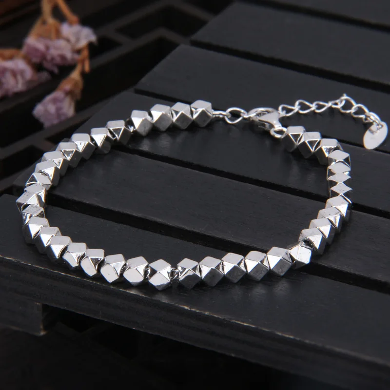 

Uglyless Facet Polygon Silver Beads Bracelets for Women Minimalism Blank Silver Bracelets 925 Sterling Silver Geometric Jewelry