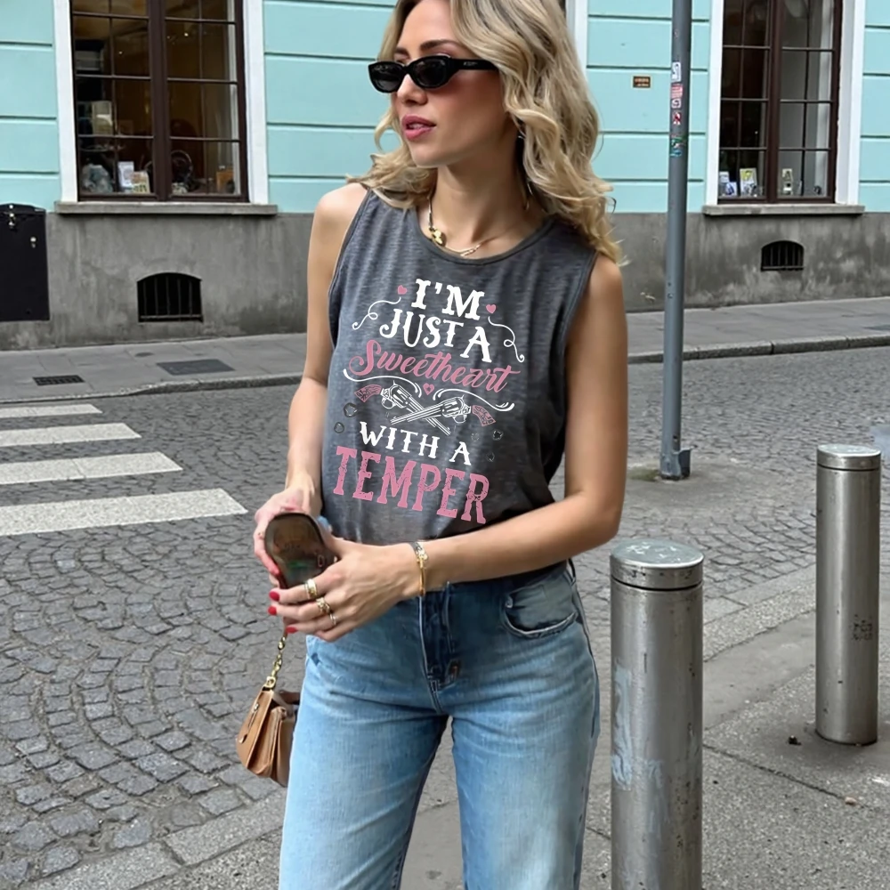 Sweetheart Letter Print T-shirt Casual mouwloos shirt Ronde hals Top Dameskleding Grappige grafische tank Zomerstraatkleding