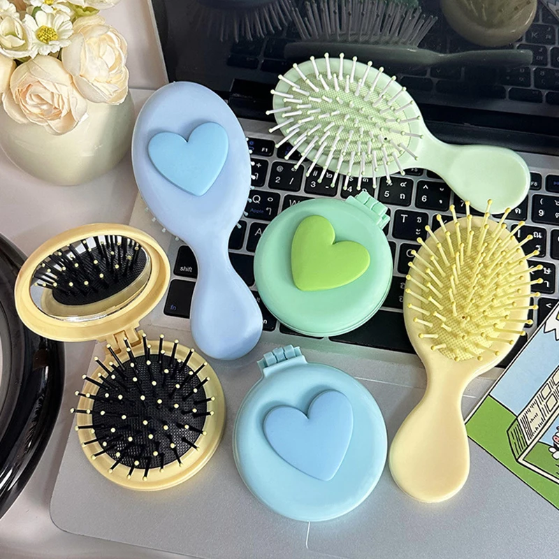 Heart Comb 2 In 1 Mini Portable Folding Comb Mirror Cute Air Cushion Bling Cosmetic Travel Pocket Hair Brush Makeup Tool Gift