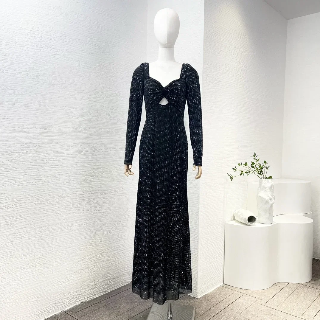 Classic Black 2023 New Collection Women Clothing Diamonds High Quality Wrap Chest Waist Mermaid Luxury Maxi Dress for Party