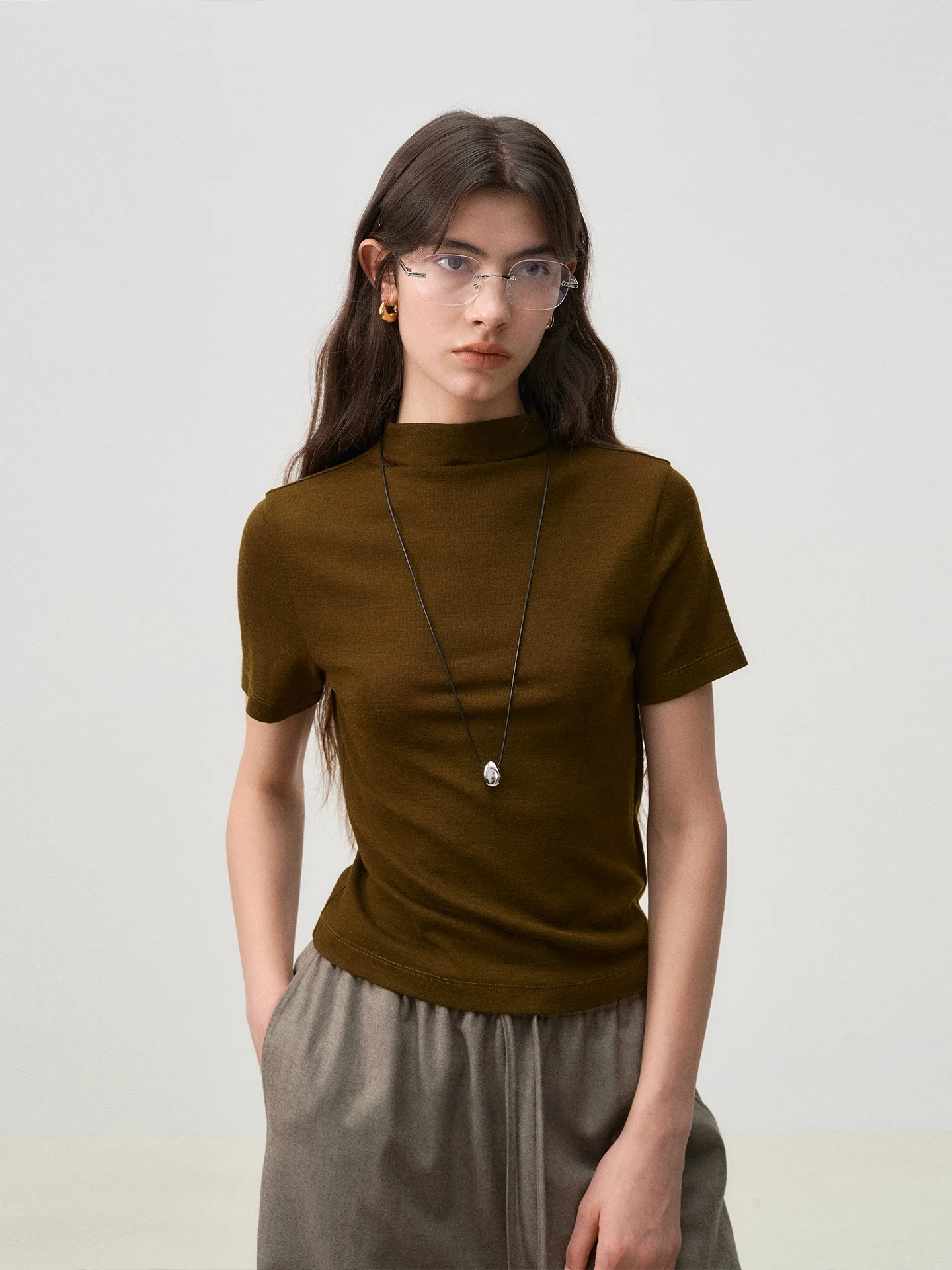 

Soft Woolen Knitted Base Shirt Half High Collar Slim Fit Skin-friendly Casual Style Ladies T-shirt Moi Comfortable Wool