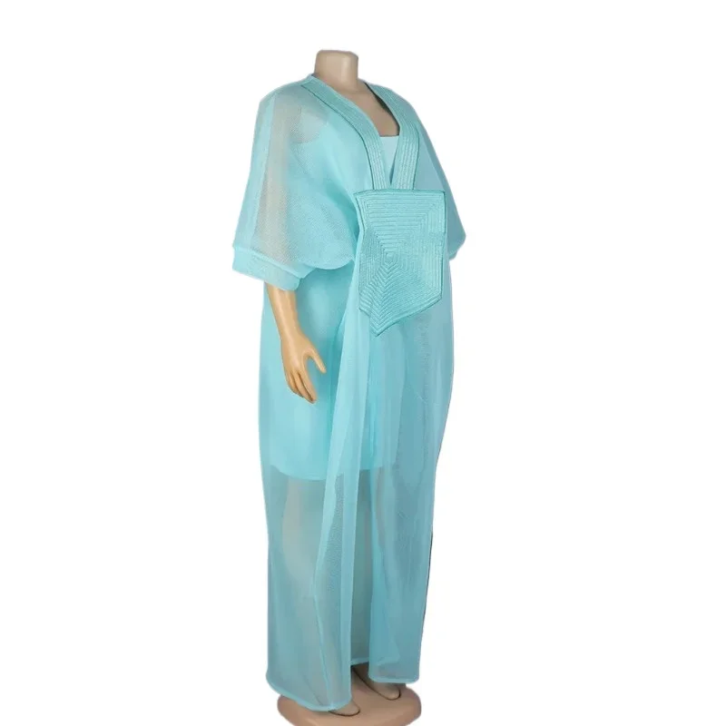 

African Dresses for Women 2025 Summer New Fashion Blue Mesh Evening Party Dress Dashiki Ankara Boubou Robe 2 Piece