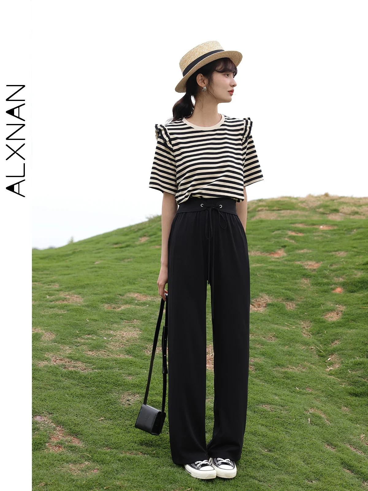 ALXNAN High Waist Casual Knitted Pant for Woman 2024 Summer Baggy Straight Pants Commuter Full Length Female Trousers LXN25338