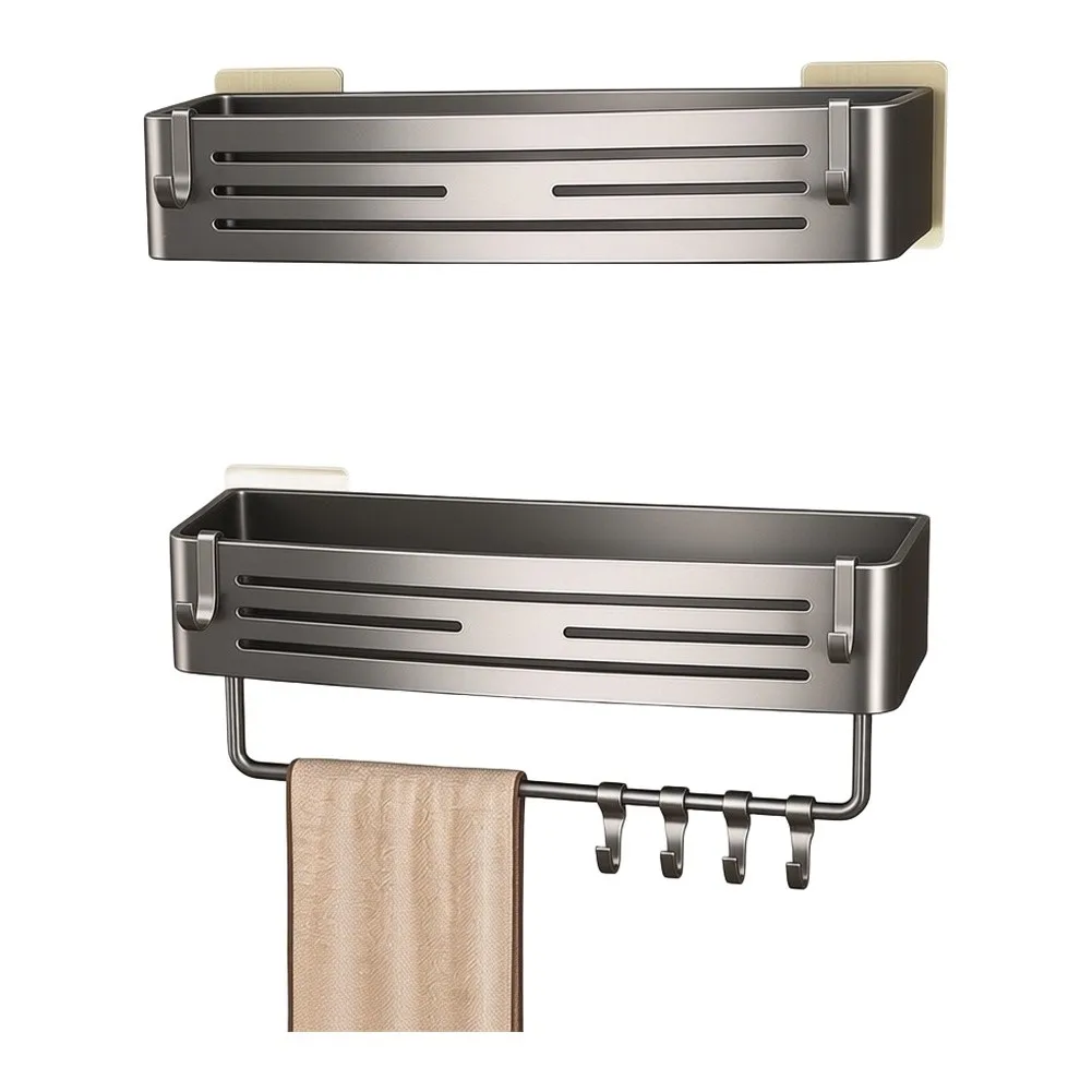 No Drill Rustproof Aluminum Bathroom Shelf with Hollow Drain Basket Towel Holder and Four Movable Hooks for Functional Storage