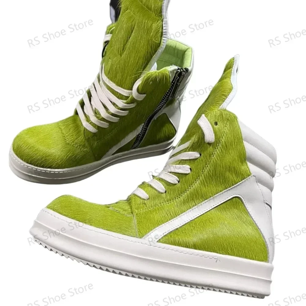 

Ro Luxury Men Ankle Boot Grass Green Horsehair Boots Women Sneaker Horse Hair High Top Shoe Casual Shoes Zipper Sneakers