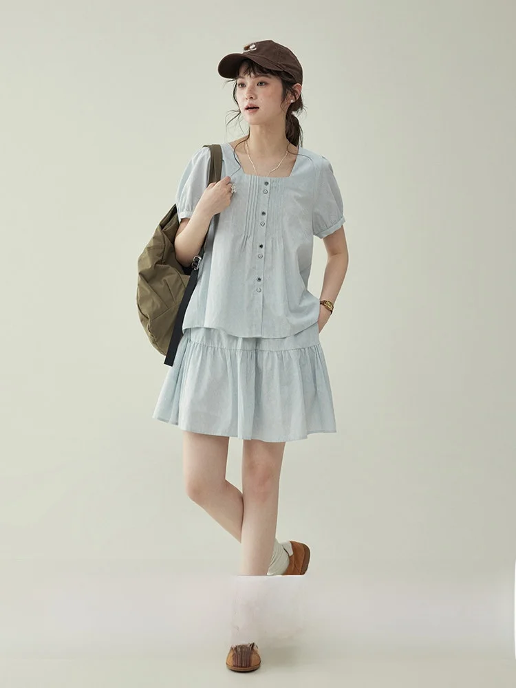 AMUU Original Japanese Style Square Collar Short Sleeve Bubble Sleeve Shirt Set Women Summer Single Button Loose Fit Cotton 100%
