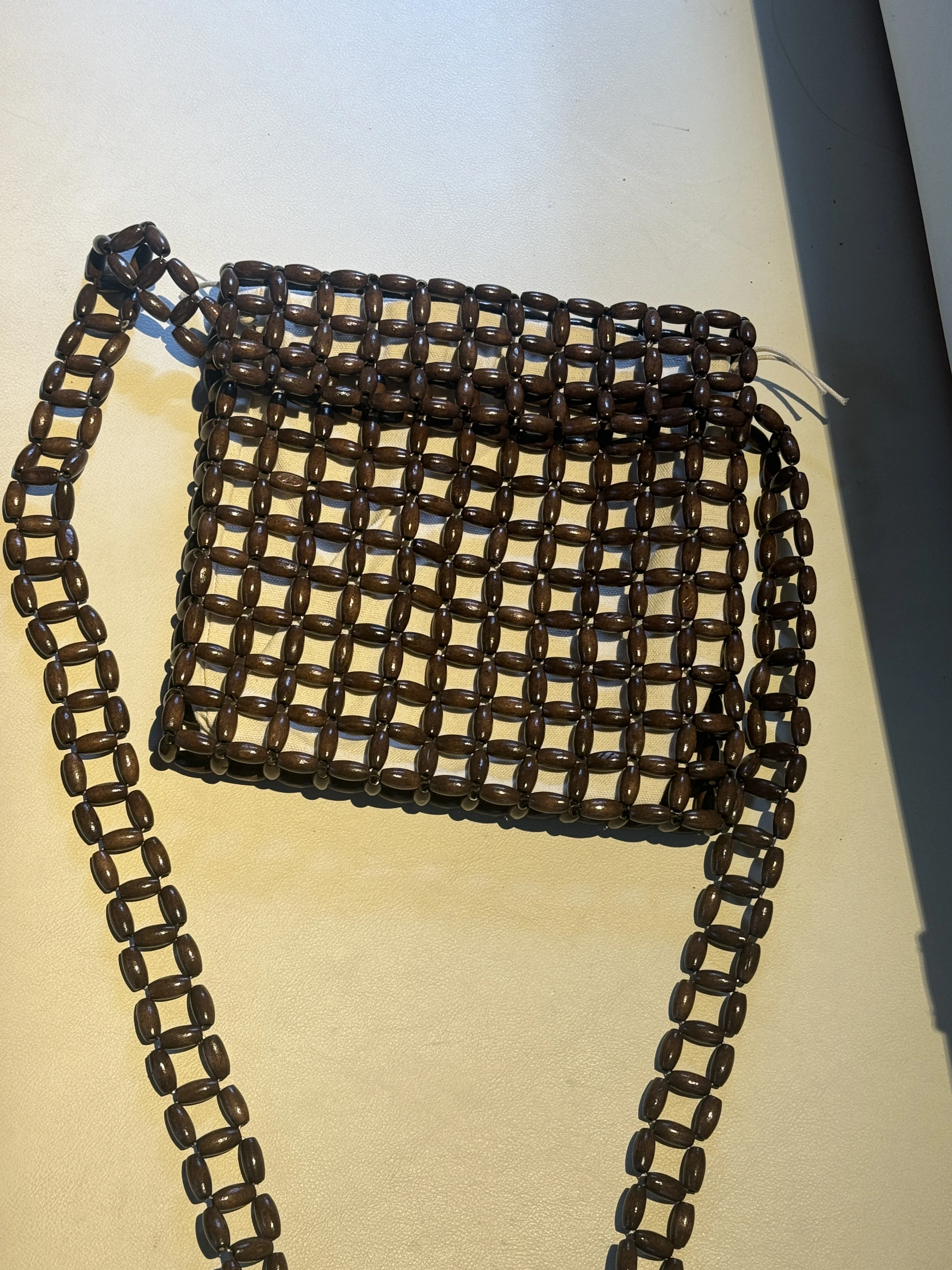 Women's Vintage Crossbody Bag Hollow Wooden Bead Handmade Woven Mesh Square Shoulder Purse Casual Summer Beach Travel Sli