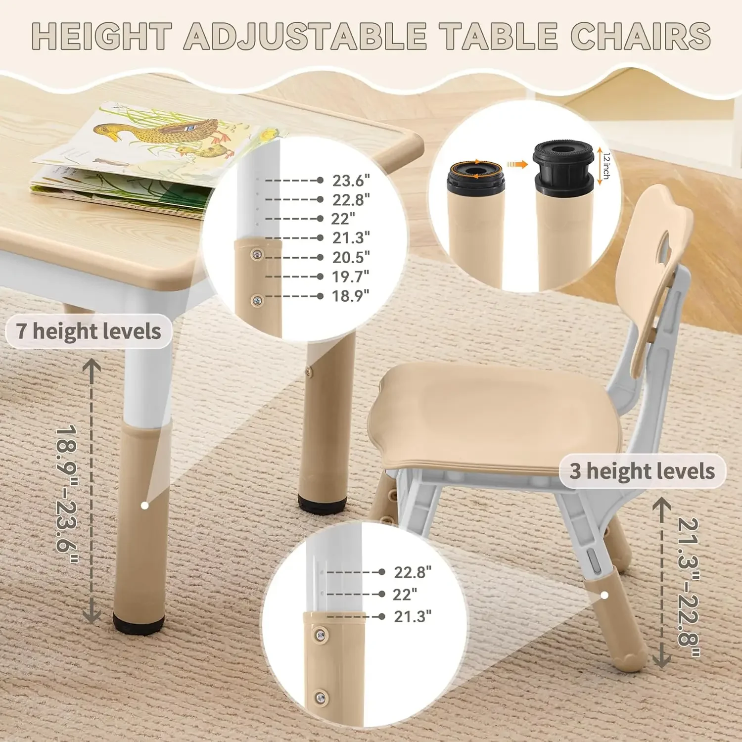 Table and Chairs Set, Height Adjustable Toddler Table and Chair Set for Kids Ages 3-8, 31.5