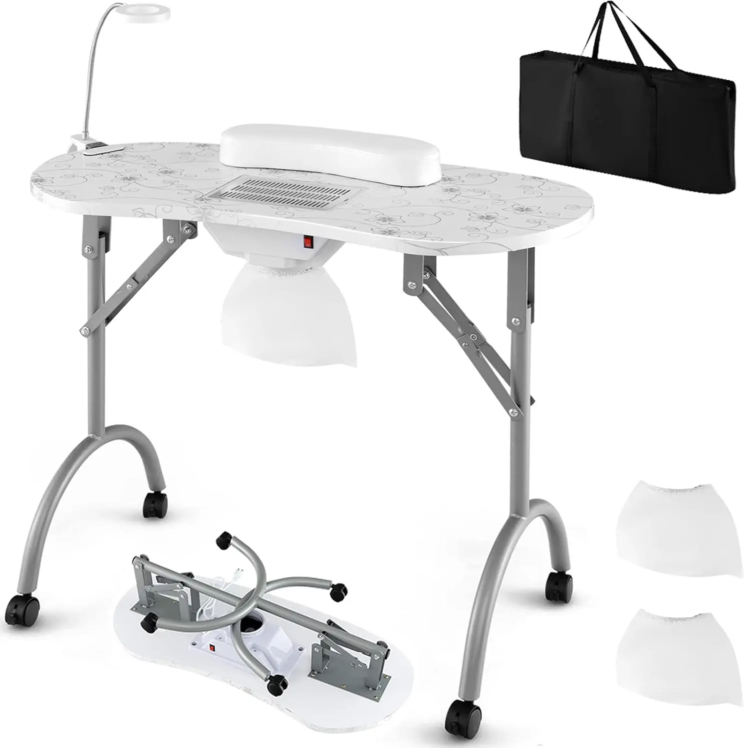 Nail Table for Nail Tech, Portable Manicure Table with Electric Dust Collector, USB-Plug LED Lamp, Wrist Rest, 4 Lockable Wheels